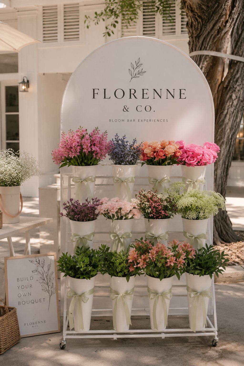 Tiered Florenne & Co. flower stand with white vessels of seasonal blooms, each tied with a sage ribbon